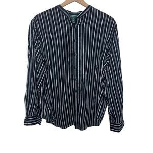 RALPH LAUREN Women's PLUS 2X Cotton Striped Knot Button Top Black White Preppy